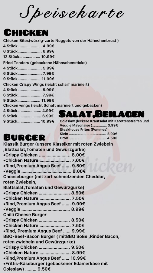Gedruckte Speisekarte an der Wand im Fritti Chicken Dresden